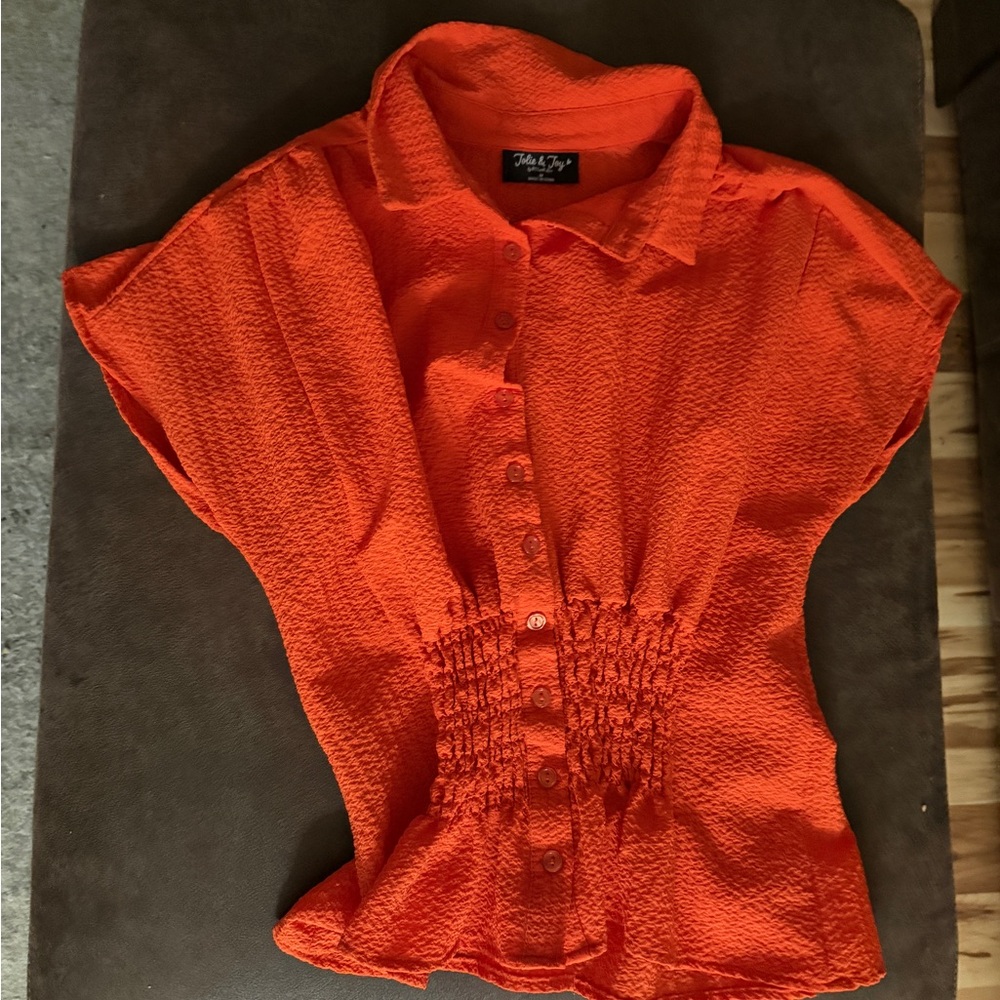Kids' Bright Orange Button-Front Blouse with Elastic Waist